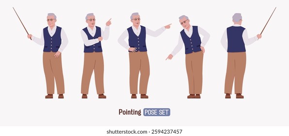 Senior man in classic vest, retro vintage glasses, pointing pose set. University professor, lecturer, old experienced, grey hair, older elegant grandfather. Vector flat style cartoon illustration