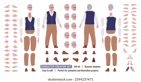 Senior man in classic vest, retro vintage glasses man, elder DIY character creation set. Old grandfather body figure parts. Head, leg, hand gestures, emotions, construction kit. Vector illustration