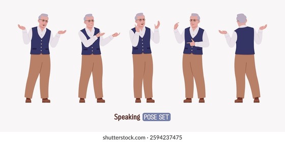 Senior man in classic vest, retro vintage glasses, speaking pose set. University professor, lecturer, old experienced, grey hair, older elegant grandfather. Vector flat style cartoon illustration