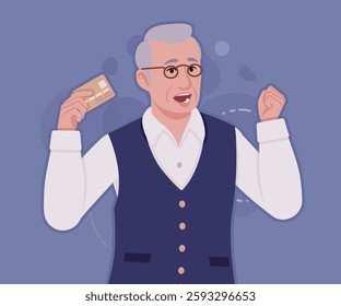 Senior man, classic vest, vintage glasses, happy bank card. University professor, lecturer, old experienced, grey hair, older grandfather. Vector flat style cartoon illustration, creative background