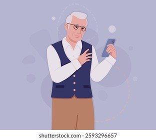 Senior man in classic vest, vintage glasses, phone using. University professor, lecturer, old experienced, grey hair, older grandfather. Vector flat style cartoon illustration, creative background