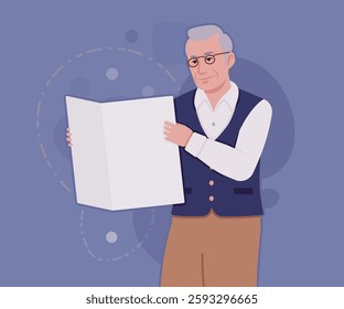 Senior man, classic vest, vintage glasses, reading newspaper. University professor, lecturer, old experienced, grey hair, older grandfather. Vector flat style cartoon illustration, creative background