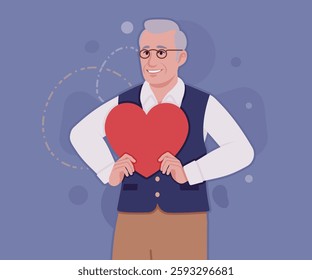 Senior man, classic vest, vintage glasses, red heart love. University professor, lecturer, old experienced, grey hair, older grandfather. Vector flat style cartoon illustration, creative background