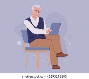 Senior man in classic vest, vintage glasses, tablet using. University professor, lecturer, old experienced, grey hair, older grandfather. Vector flat style cartoon illustration, creative background