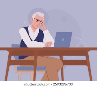 Senior man in classic vest, vintage glasses, office working. University professor, lecturer, old experienced, grey hair, older grandfather. Vector flat style cartoon illustration, creative background