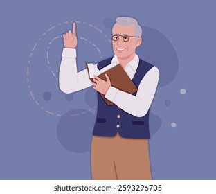 Senior man in classic vest, vintage glasses, reading book. University professor, lecturer, old experienced, grey hair, older grandfather. Vector flat style cartoon illustration, creative background