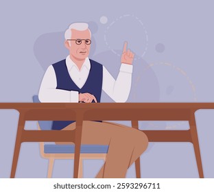 Senior man in classic vest, vintage glasses, at desk work. University professor, lecturer, old experienced, grey hair, older grandfather. Vector flat style cartoon illustration, creative background