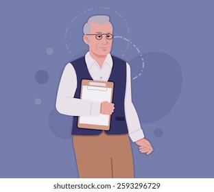 Senior man, classic vest, vintage glasses, clipboard holding. University professor, lecturer, old experienced, grey hair, older grandfather. Vector flat style cartoon illustration, creative background