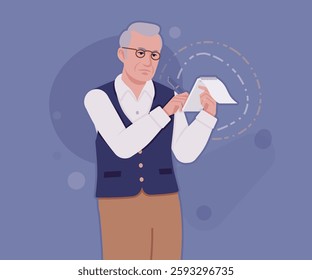 Senior man in classic vest, vintage glasses, writing notes. University professor, lecturer, old experienced, grey hair, older grandfather. Vector flat style cartoon illustration, creative background