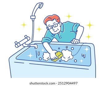 Senior man cleaning the bathtub