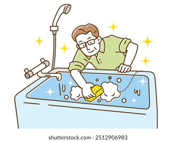 Senior man cleaning the bathtub