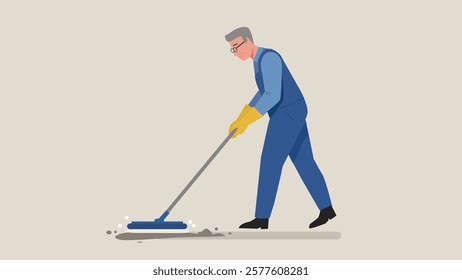 A senior man cleaning the floor with a mop, wearing gloves and focusing on maintaining cleanliness in a simple indoor space