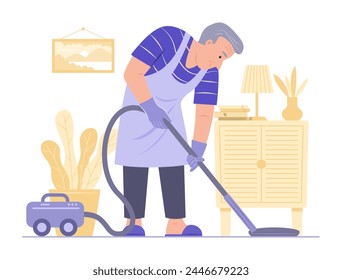 Senior Man Cleaning House with Electric Vacuum Cleaner