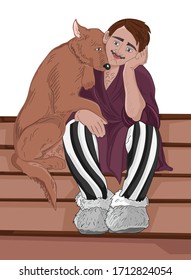 Senior man in clown pants cuddling with a dog on stairs