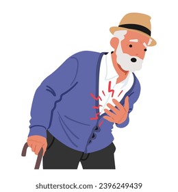 Senior Man Clutches His Chest In Agony, Face Contorted With Pain, Experiencing Heart Attack. The Severity Of Chest Pain Is Evident, Signaling A Critical Medical Emergency. Cartoon Vector Illustration