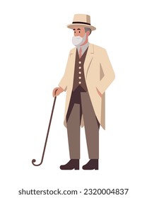Senior man in coat walking with cane icon isolated