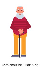 Senior man color vector illustration. Grandfather flat character. Old grey-haired man with cane. Isolated design element