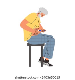 Senior man confidently self-administers insulin injection into belly sitting on a chair. Diabetes control and healthcare concept. Self injection, treatment with medical drugs vector illustration