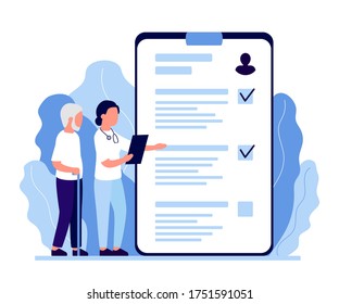 Senior man in consultation with doctor, nurce. Health monitoring in old age. Verification and decoding of analyzes in old age. Communication, support of medical personnel. Vector flat illustration