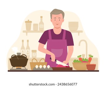 Senior Man Cooking Food in Kitchen