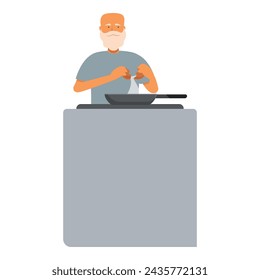 Senior man cooking fried eggs icon cartoon vector. Food morning breakfast. Hands cook