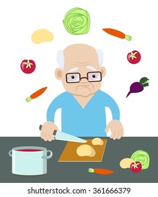 Senior man cooking vegetables and slicing a potato. Vector illustration. Flat design, cartoon style. Man in the kitchen. Concept for stay-at-home dad doing domestic chores.