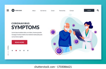 Senior Man With Cough Under Examination By Doctor. Coronavirus Symptoms, Diagnosis And Treatment Concept. Doctors And Patient Characters, Vector Illustration. Viral Infection In Elderly.