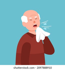 Senior Man Coughing Concept Vector Illustration. Sick Person From Cold, Flu And Virus, Influenza In Flat Design. Old Man Holding Handkerchief Sneeze And Cough.