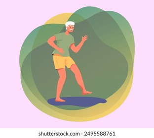 Senior man dancing flat vector illustration. Elderly male character in T-shirt and shorts having fun at party or alone at home. Dance, music, entertainment concept