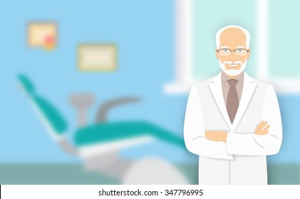 Senior Man Dentist At The Dental Office. Vector Flat Illustration With A Blurred Background. Smiling Friendly Physician Stomatologist In Front Of A Chair