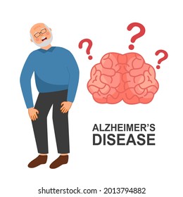 Senior man with Alzheimer’s disease in flat design on white background. Brain illness.