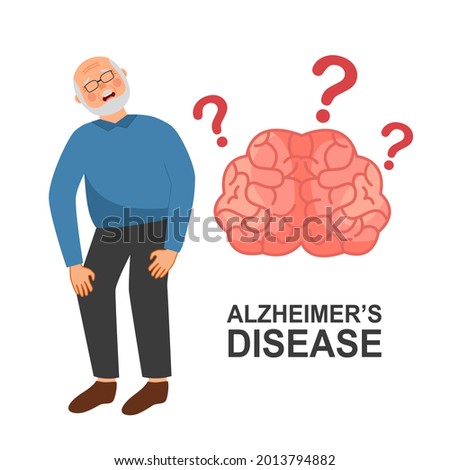 Senior man with Alzheimer’s disease in flat design on white background. Brain illness.