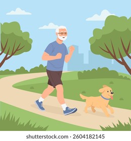 Senior man with dog running outdoor street and park. Fitness, wellness or healthy lifestyle. Elderly person exercise, workout or jogging. Vector Illustration