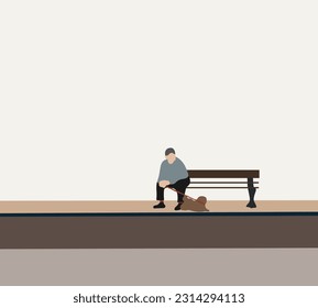 Senior man and dog sitting on bench in park. Pet love and care concept. Dog connection to people. Alternative therapy