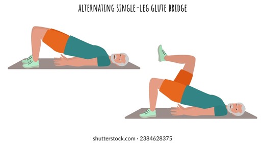 Senior man doing alternating single led glute bridge exercise. Active lifestyle. Flat vector illustration