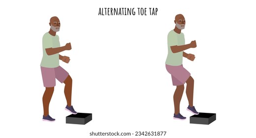 Senior man doing alternating toe tap exercise. Active lifestyle. Sport, wellness, workout, fitness. Flat vector illustration