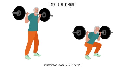 Senior man doing barbell back squat exercise. Sport, wellness, workout, fitness. Flat vector illustration