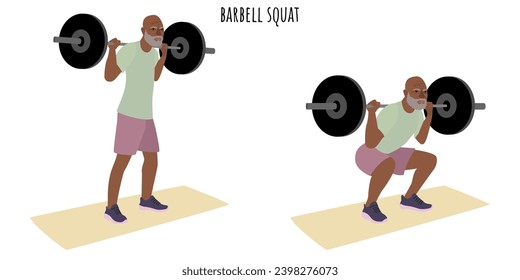 Senior man doing barbell squat exercise. Active lifestyle. Flat vector illustration