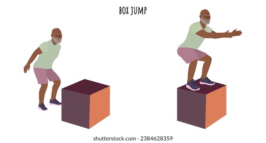 Senior man doing box jump exercise. Active lifestyle. Flat vector illustration