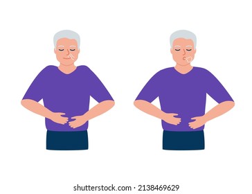 Senior Man Is Doing Breathing Exercise, Respiratory Deep Breath, Exhale And Inhale. Healthy Yoga And Relaxation For Elderly. Vector Illustration