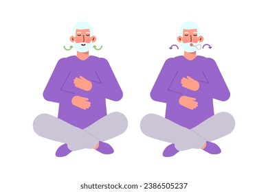 Senior man doing breathing exercises. Vector illustrations for banner, website, landing page, flyer.