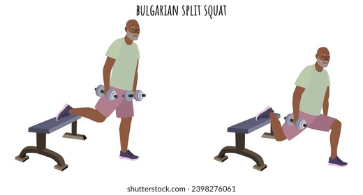 Senior man doing bulgarian split squat exercise. Active lifestyle. Flat vector illustration