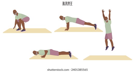 Senior man doing burpee exercise. Active lifestyle. Flat vector illustration