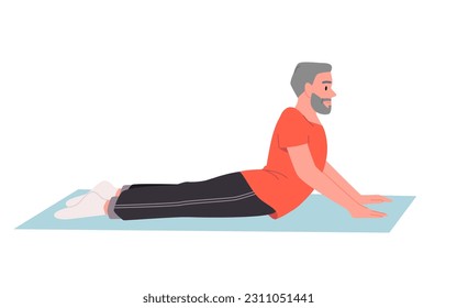 Senior man doing cobra yoga pose vector illustration. Cartoon isolated elderly grandfather training flexible body on mat, active stretching posture and morning yoga workout of old grandpa with beard