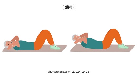 Senior man doing crunch exercise. Active lifestyle. Flat vector illustration
