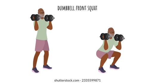 Senior man doing dumbbell front squat exercise. Active lifestyle. Flat vector illustration