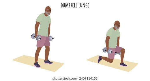 Senior man doing dumbbell lunge exercise. Active lifestyle. Flat vector illustration