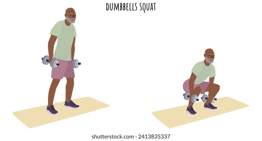 Senior man doing dumbbell squat exercise. Active lifestyle. Flat vector illustration