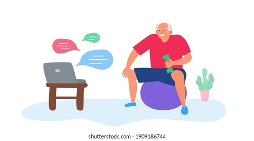 senior man doing exercise with dumbbell at home watching laptop online training vector illustration