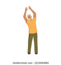 Senior man doing exercises, stretching body and working out. Grandfather makes physical movements for strengthening muscles. Vector in flat cartoon style